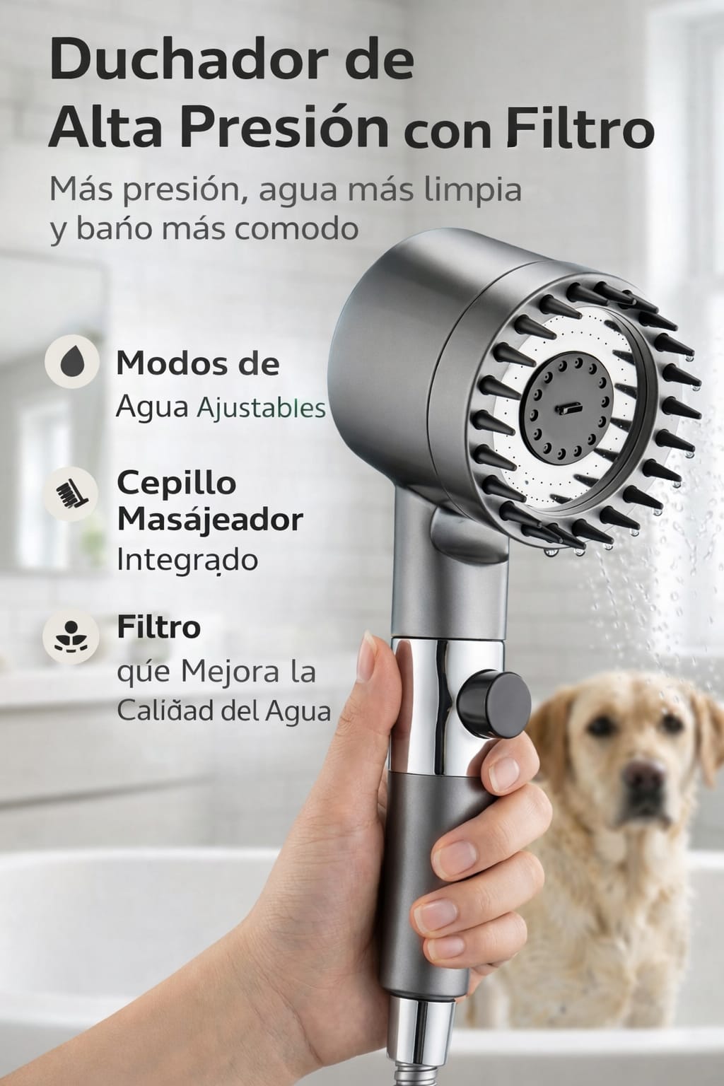 Regadera 2 en 1 para Mascotas | Limpia y Masajea al Mismo Tiempo